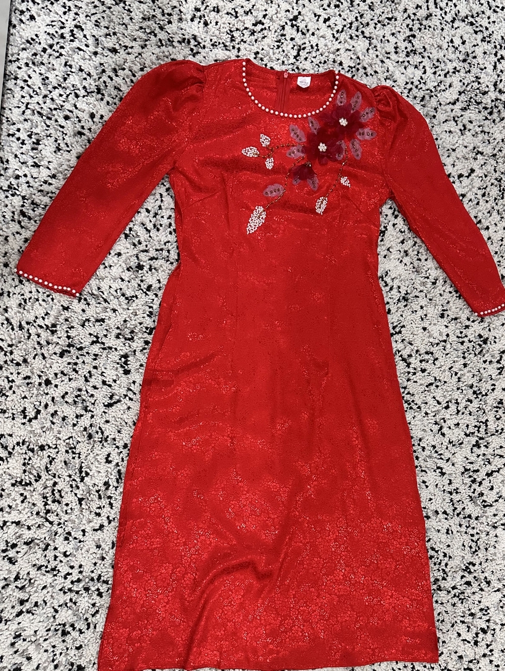 Elegant‎ Red 100% Silk Ao Dai Set- Floral & Pearl Embellished . New Without Tag